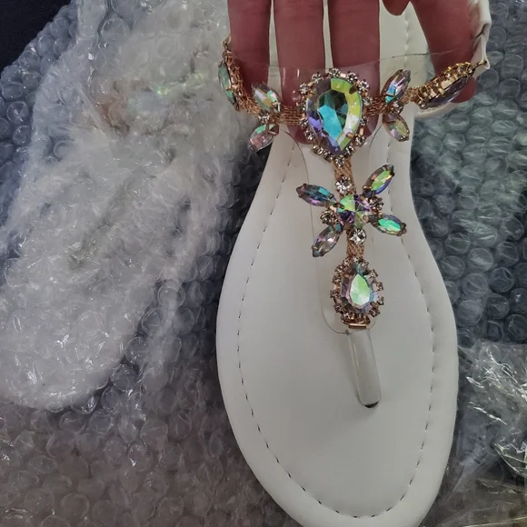 White and Gold Jeweled Sandals for Formal Occasions - Picture 1 of 3